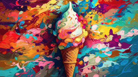 Colorful ice cream in waffle cones on colorful background.の素材