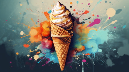 Ice cream in waffle cone with colorful splashes on grunge backgroundの素材