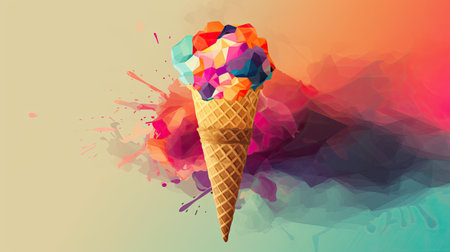 Ice cream in a waffle cone on a pink background.の素材