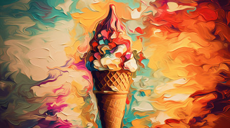 Ice cream in a waffle cup with splashes of paint.の素材