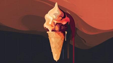 melting ice cream cone on a dark background.の素材