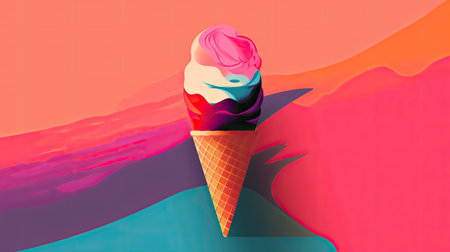 Colorful ice cream in waffle cone with splashes.の素材