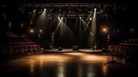 Stage lights and seats at a concert hall during a show or concertの素材