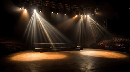 Empty concert hall with spotlights and seats, toned image.の素材