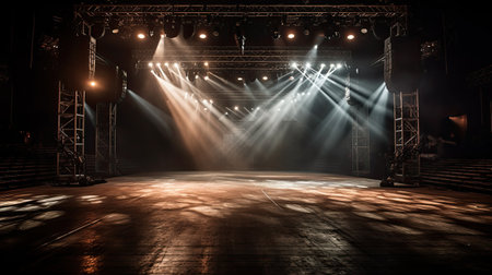 Stage lights, spotlights, beams and smoke on a dark backgroundの素材