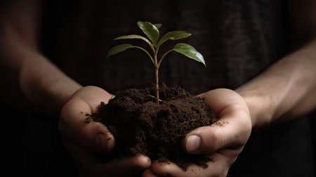 Human hands holding green sprout in soil, closeup. Earth day conceptの素材