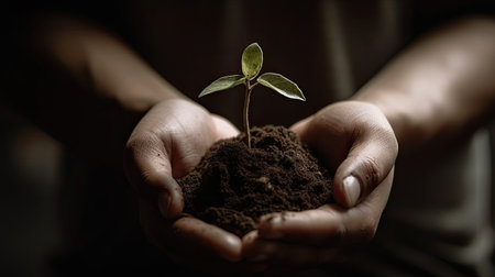 Hands holding a green seedling growing in the soil with blurred backgroundの素材