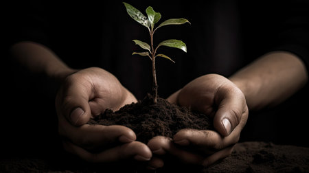 Hands holding a young plant with soil on black background, Earth day conceptの素材