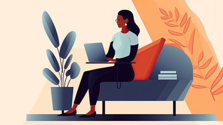 Businesswoman sitting on sofa and working on laptop. Generative AI.の素材