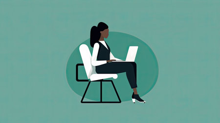 Businesswoman sitting on chair and working on laptop. Generative AI.の素材