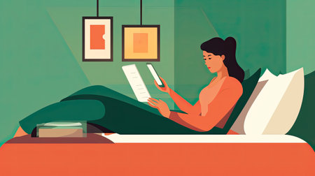 Freelance woman working at night on laptop at home. Girl sitting on sofa bed in room and working on computer. Generative AI.の素材