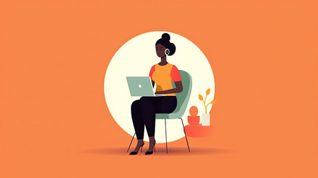 Businesswoman sitting in armchair and working on laptop. Generative AI.の素材