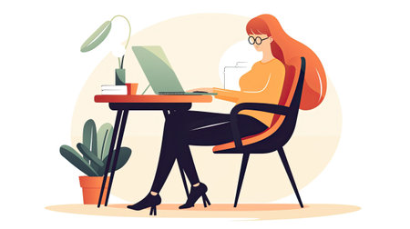 Young woman working at home. Freelance, remote work concept. Generative AI.の素材