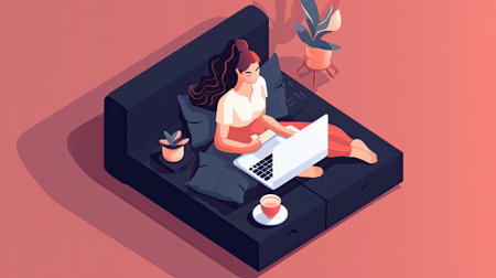 Woman working on laptop in the night at home. Generative AI.の素材