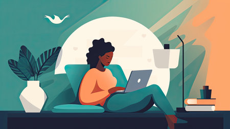 Young black woman sitting on sofa and using laptop. Generative AI.の素材