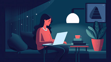 Freelance woman working on laptop at home. Girl sitting on sofa bed in room and working on computer. Generative AI.の素材