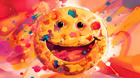 Colorful watercolor illustration of a happy smiling planet on a colorful backgroundの素材