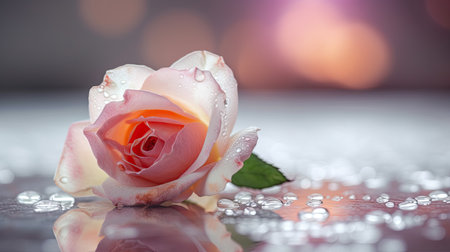 Beautiful pink rose with water drops on a glass surface with bokeh backgroundの素材