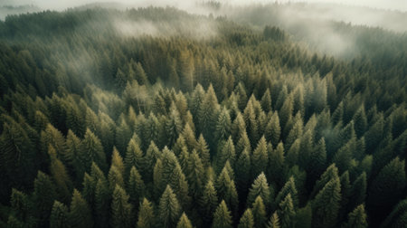 Aerial view of coniferous forest in foggy morning.の素材