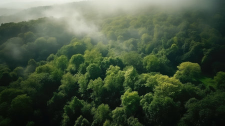 Aerial view of misty forest in the morning. Beautiful summer landscapeの素材