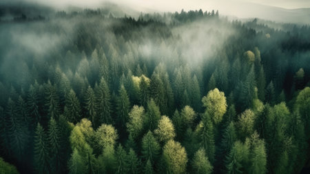 Aerial view of foggy coniferous forest in the mountainsの素材