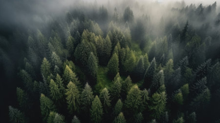 Aerial view of foggy forest. Top view from drone.の素材