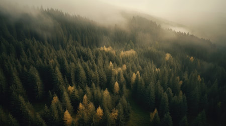 Aerial view of foggy coniferous forest in autumn.の素材