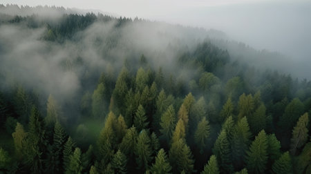 Aerial view of foggy coniferous forest in the morningの素材