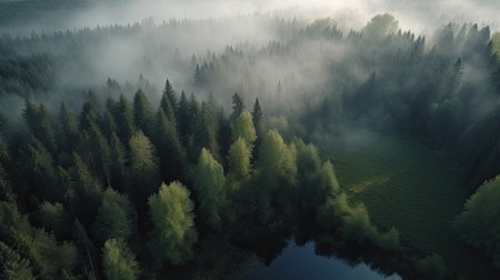 Aerial view of a forest lake in a foggy morning.の素材