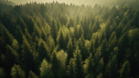 Aerial view of coniferous forest in fog. Top viewの素材