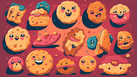 Vector illustration of a set of funny cartoon cookies with different facial expressions.の素材