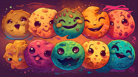Illustration of a set of funny cartoon cookies with different emotions.の素材