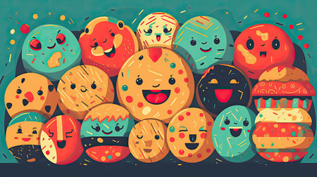 Funny cartoon donuts with different faces and emotions.の素材