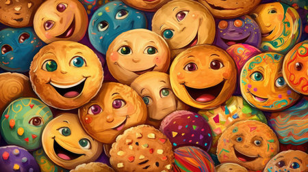Cartoon food background with funny smiling facesの素材