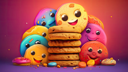 3d illustration of funny cookies with eyes and mouth. Funny food conceptの素材