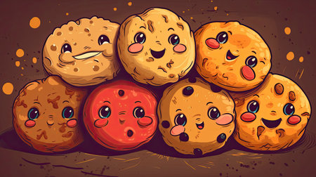 Illustration of a group of cookies with different emotions on a brown backgroundの素材