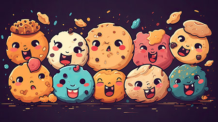 Cute cartoon cookies with different emotions on a dark background.の素材