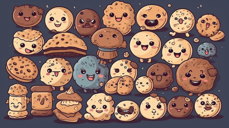 Cute funny cartoon cookie characters. Isolated on dark background.の素材
