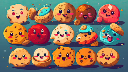 Cute cartoon cookies with different emotions and facial expressions.の素材