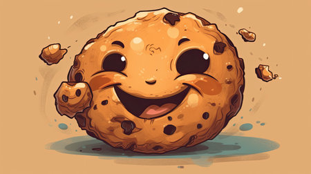 chocolate chip cookie with a smiley face on a brown backgroundの素材