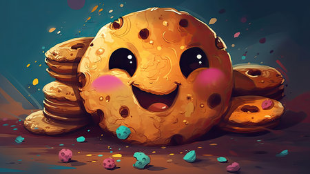 Illustration of a funny cookie with eyes and mouth on a dark backgroundの素材