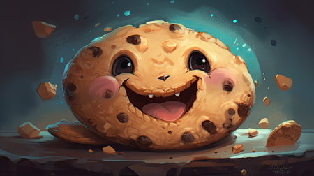 Funny chocolate chip cookie with eyes and mouthの素材
