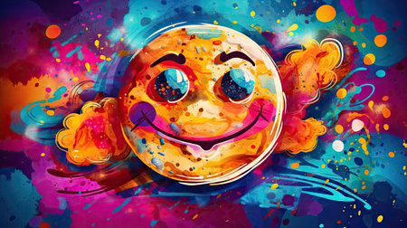 Smiling face cookie on colorful watercolor splash background.の素材
