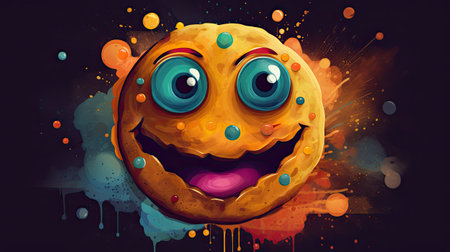 Smiling cookie face with eyes and mouth on colorful background.の素材