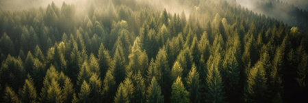 panoramic view of coniferous forest in foggy morningの素材
