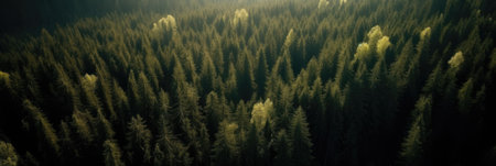 Panoramic view of the coniferous forest in the morningの素材