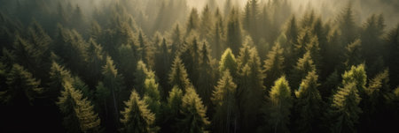 Panoramic view of the coniferous forest in the morningの素材
