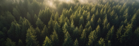 Panoramic view of misty coniferous forest at sunrise.の素材