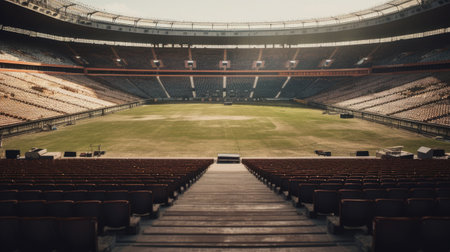 Rows of empty seats in a large football stadium with floodlightsの素材