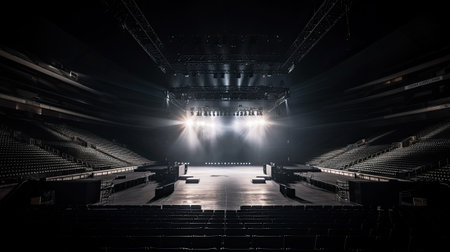 Concert hall with spotlights and seats illuminated by spotlights.の素材